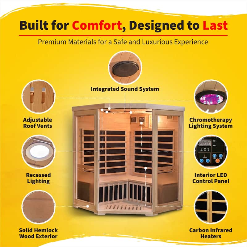 HeatWave Sonoma 3-Person Hemlock Infrared Corner Sauna with 7 Carbon Heaters - 55" W x 35" D x 75" H