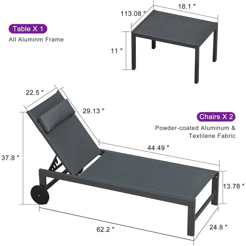 PURPLE LEAF Lounge Chair Set for Outside Aluminum Patio Recliner with Side Table and Pillow Beach Sunbathing Tanning Chairs