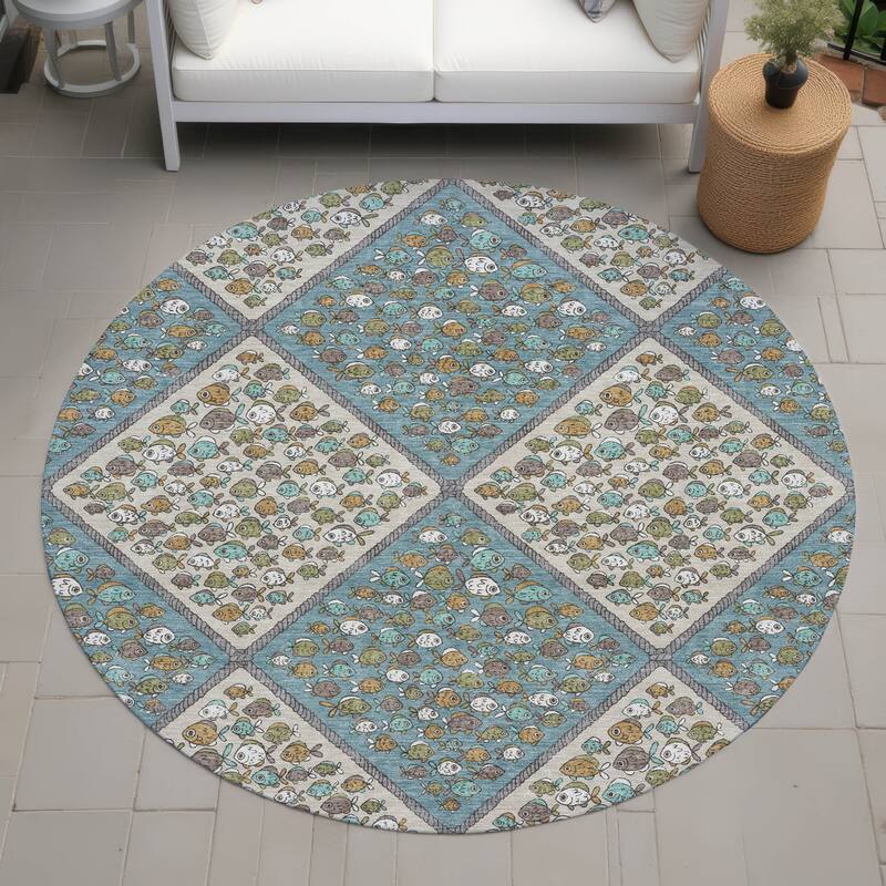 Machine Washable Indoor/ Outdoor Diamond Fish Chantille Rug - Teal - 8' x 8'