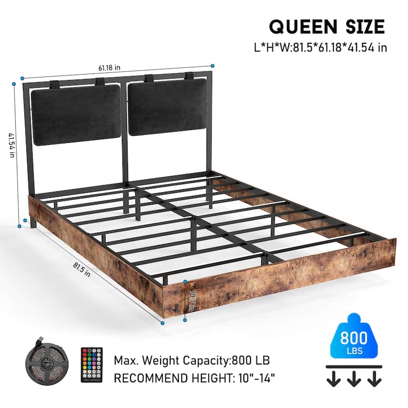 Floating Bed Frame with RGB LED Light Strip & Velvet Upholstered Hanging Headboard, Noise-Free Metal Slats Support, Black Brown