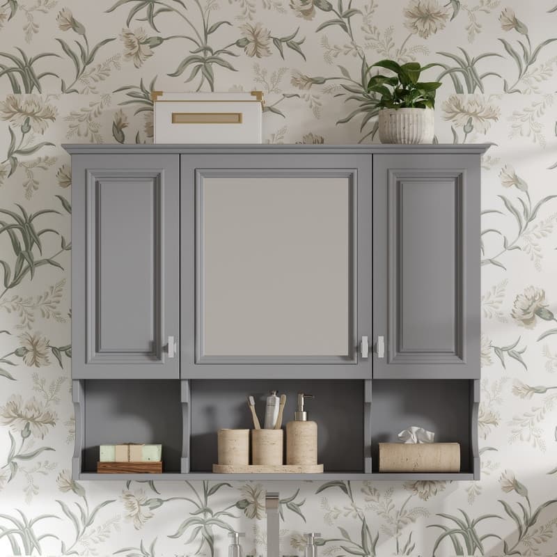 35" x 28" Wall Mounted Bathroom Cabinet with Mirror and Open Shelves