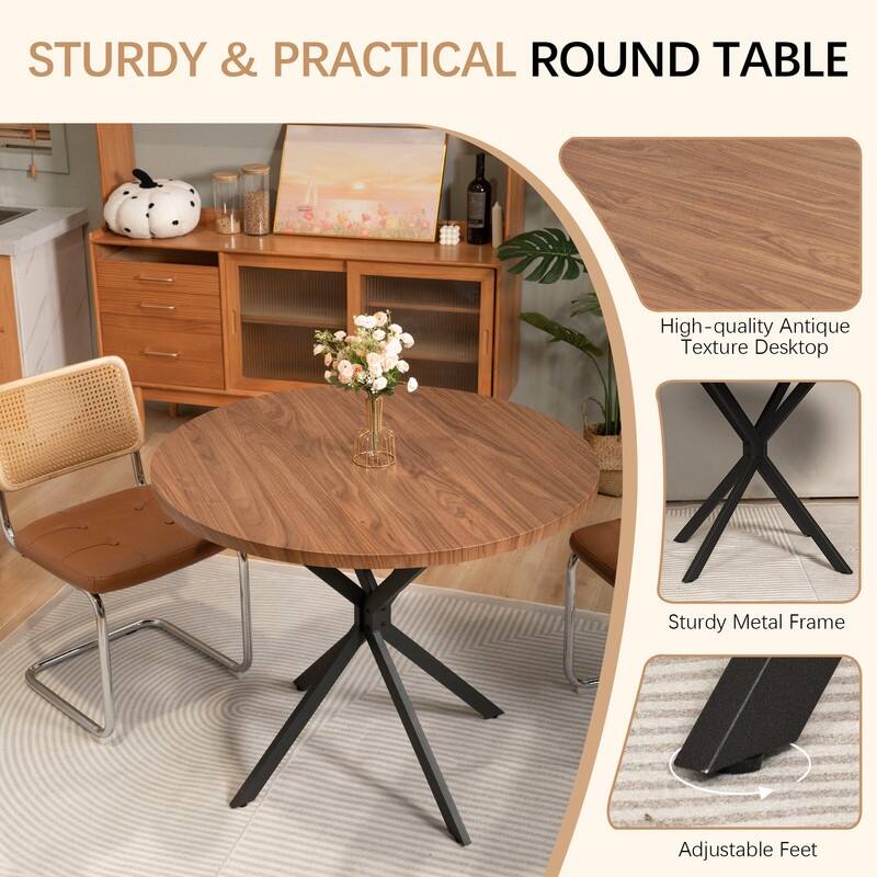Grondin Modern Farmhouse Style 38.6“ Round Dining Table with 1.18" Thick MDF Tabletop and Pedestal Cross Metal Legs