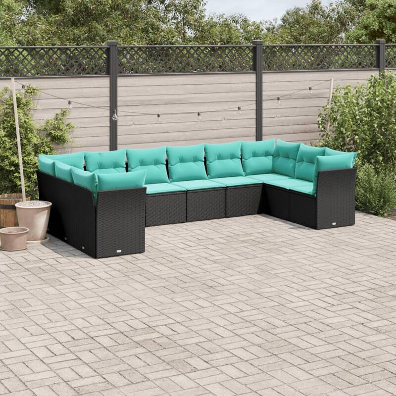 vidaXL 10 Piece Patio Sofa Set with Cushions Black Poly Rattan - Black - 24.4x27.2x24.4-Without table