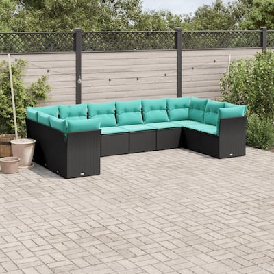 vidaXL 10 Piece Patio Sofa Set with Cushions Black Poly Rattan