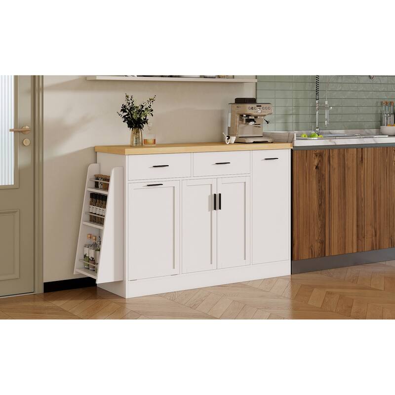 Multi-Functional Storage Sideboard Kitchen Island with Hidden Trash Can and Adjustable Spice Rack