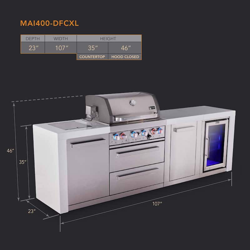 Mont Alpi 107"W x 23"D Deluxe Stainless Steel Premium Modular Outdoor Kitchen Island with Refrigerator + 32"W 4-Burner BBQ Grill