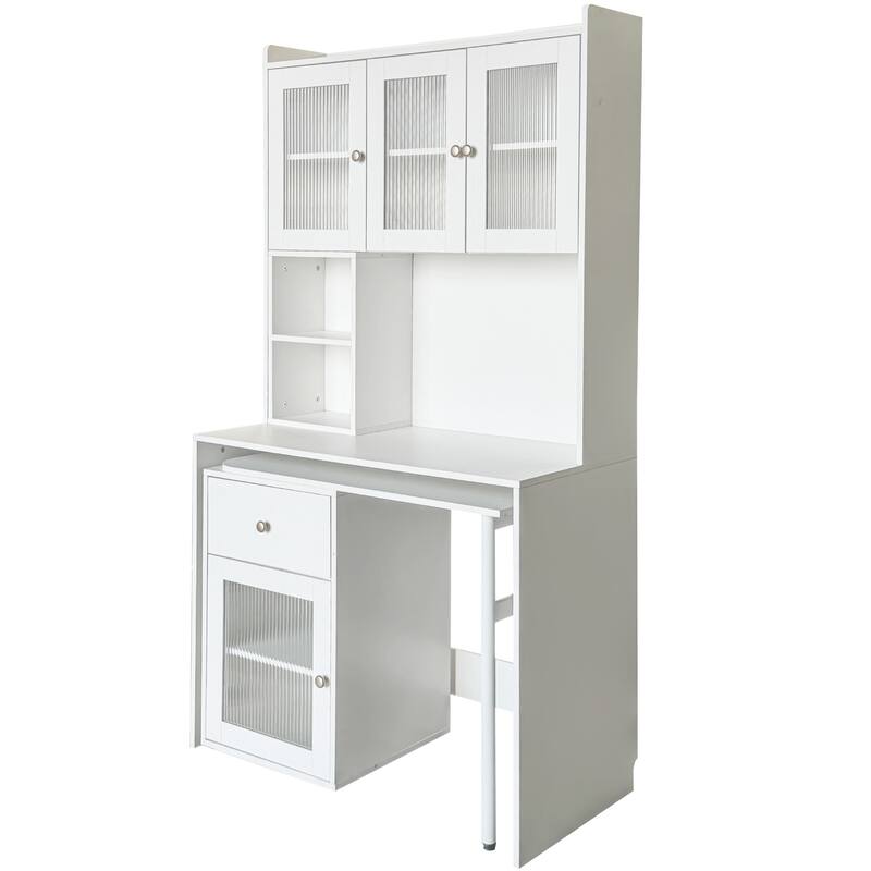 Computer Desk with glass door for Home Office or Study desk, Bookshelf & Hutch, Computer Desk with 90 Degree Rotating Desktop