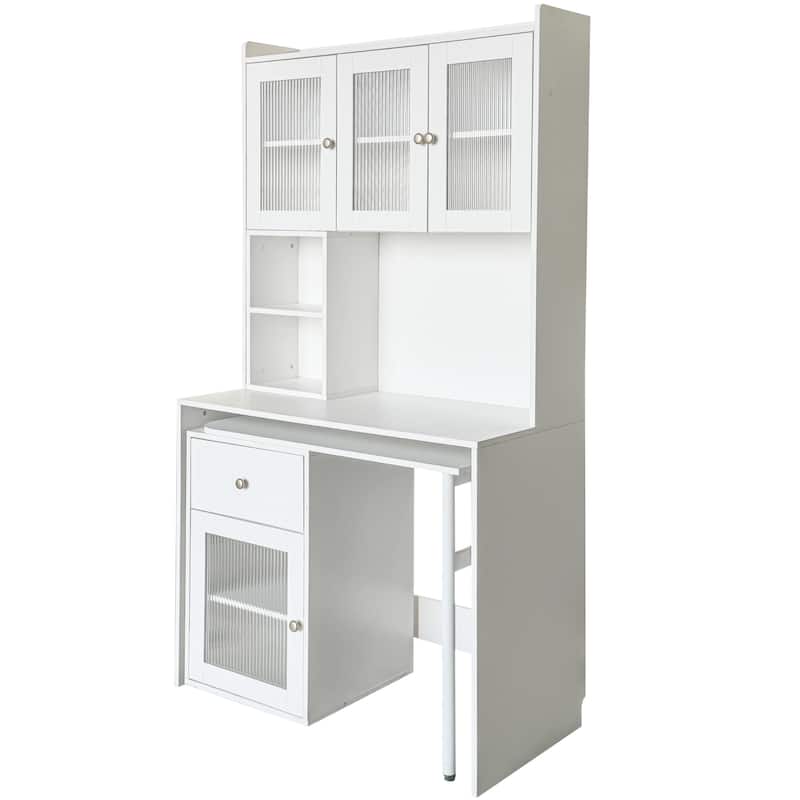 Home Office Rotating Computer Desk with Glass Doors, Large Writing Study Desk with Hutch, Bookshelf & Extendable Desktop