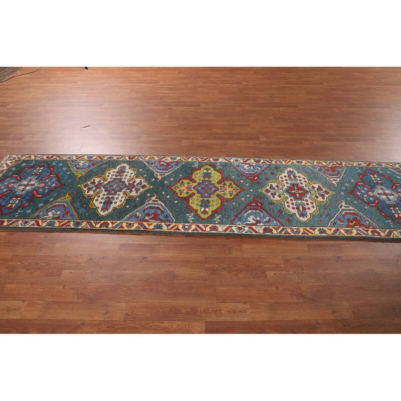 Green Geometric Kazak Oriental Runner Rug Hand-Knotted Wool Carpet - 2'6"x 9'10"