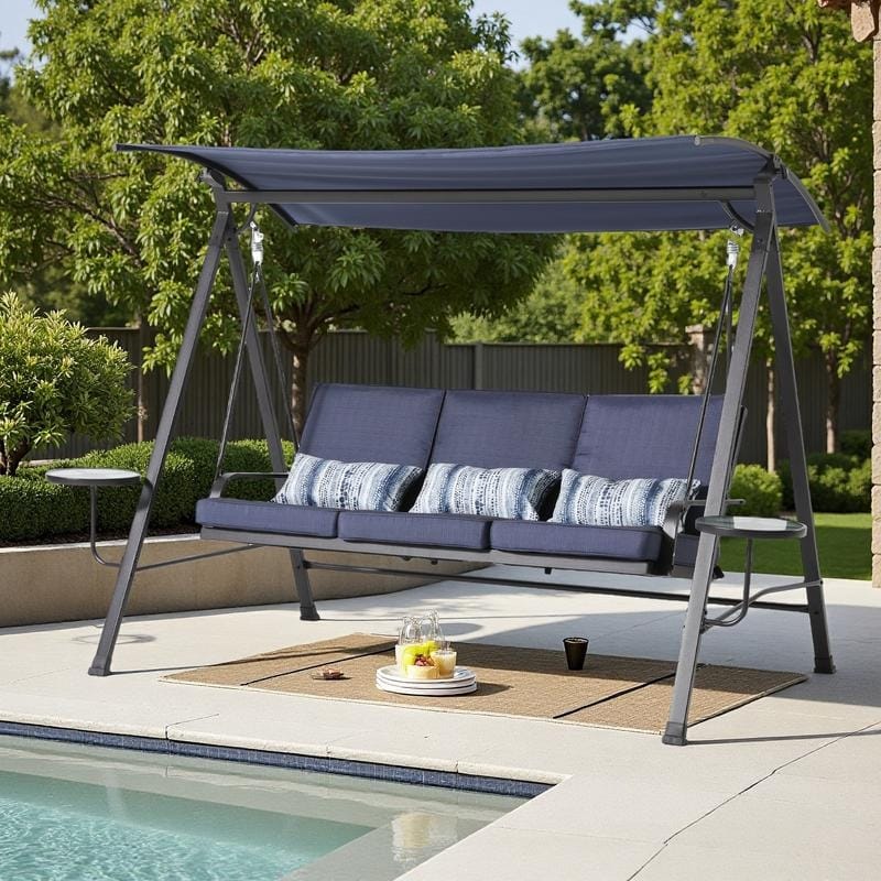 Steel 3-Seater Porch Swing with Canopy - Outdoor Patio Swing with Cushions and Rotatable Shade - Blue