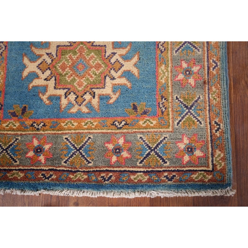 Blue Geometric Kazak Foyer Rug Hand-Knotted Oriental Wool Carpet - 2'0" x 3'1"
