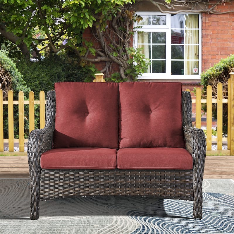 Pocassy Outdoor Loveseat Sofa 2-Seat PE Rattan - Brown - Red