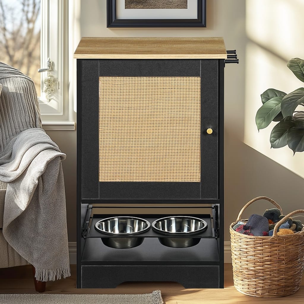 Vintage Dog Feeding Station with Storage and 2 Elevated Pet Bowls