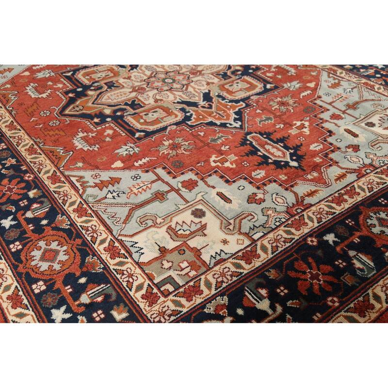 Geometric Heriz Serapi Indian Area Rug Handmade Orange Wool Carpet - 8'11"x 11'9"
