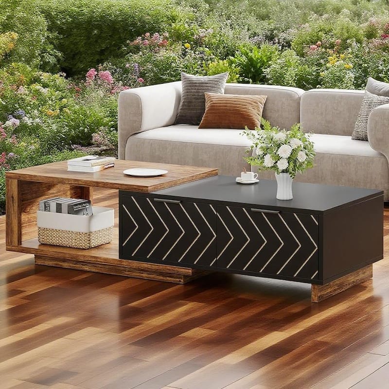 Wood Coffee Table with Expandable Top and 2 Drawers - 42.13 L x 23.62 W x 16.54 H inches