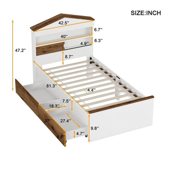 dimension image slide 1 of 2, Twin Size House-Shaped Wooden Bed with Headboard Shelf & 2-Storage Drawers, Fun Bed Frame for Kids' Bedroom or Playroom, Brown