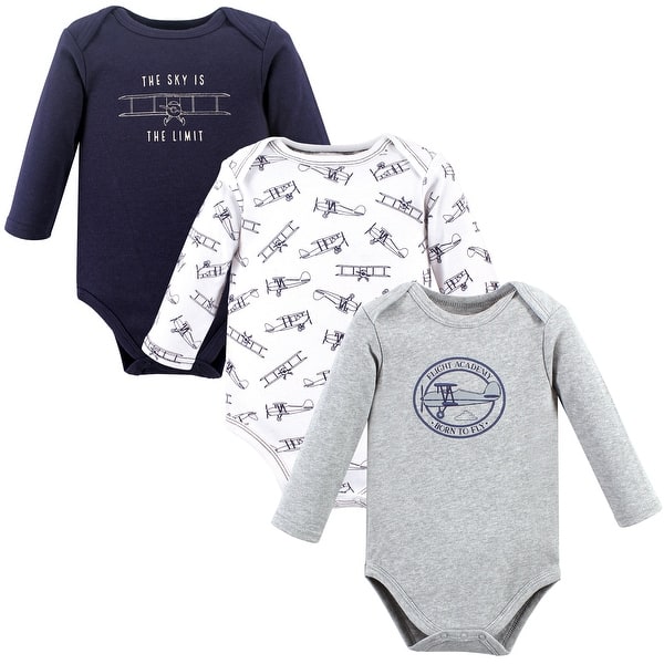slide 1 of 1, Hudson Baby Infant Boy Cotton Long-Sleeve Bodysuits, Aviation 0-3 Months - Gray Aviation