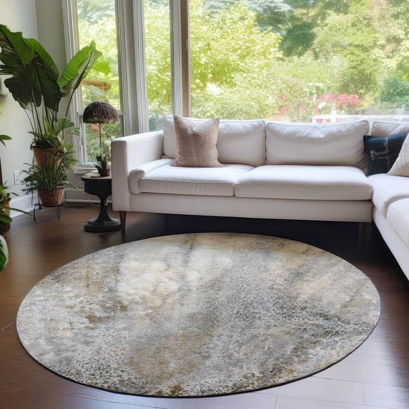 Machine Washable Indoor/ Outdoor Abstract Watercolor Chantille Rug - Beige - 8' x 8'