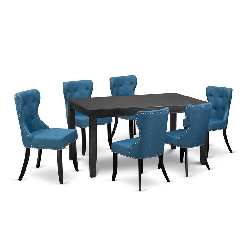 HomeStock 7-Piece Black Finish Solid Wood Top Dining Table with 6 Chairs with Lattice Back