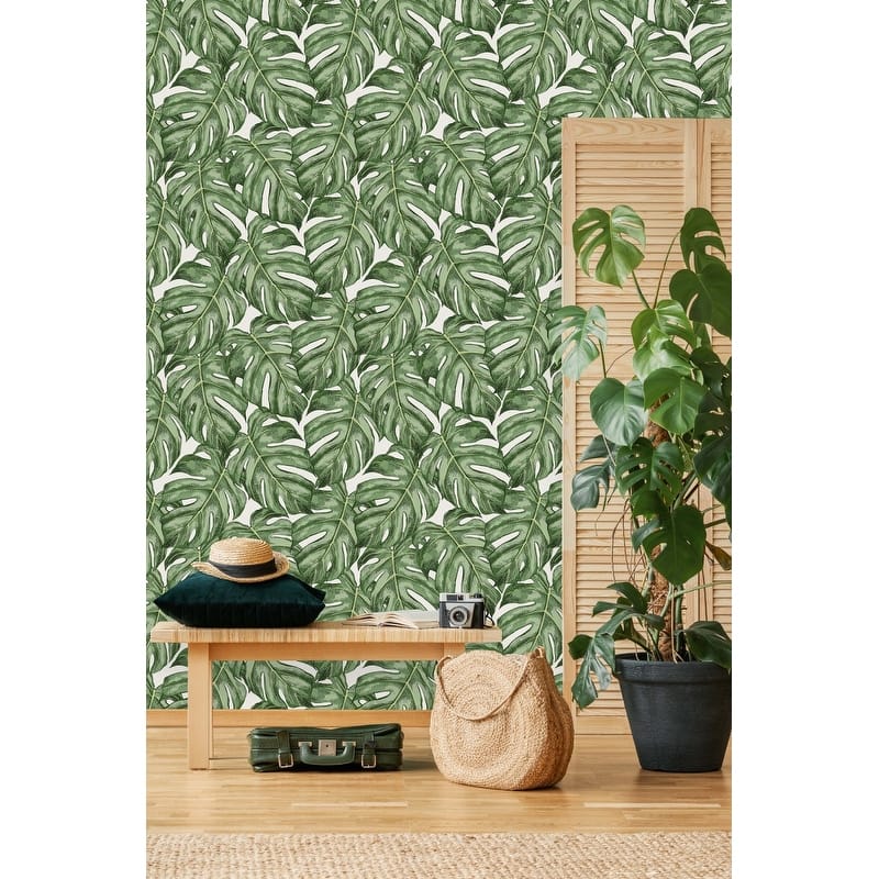 Tropical Green Leaves Wallpaper - Bed Bath & Beyond - 35647532