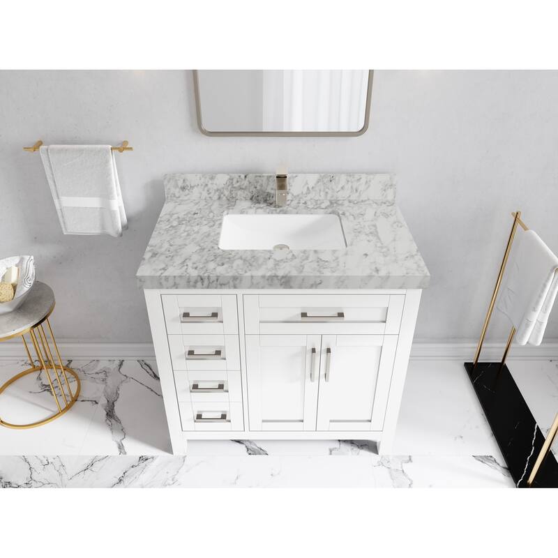 Willow Collections 36 in. W x 22 in. D Cambridge Single Sink Bathroom Vanity Center with Countertop - 2" Carrara Marble - White