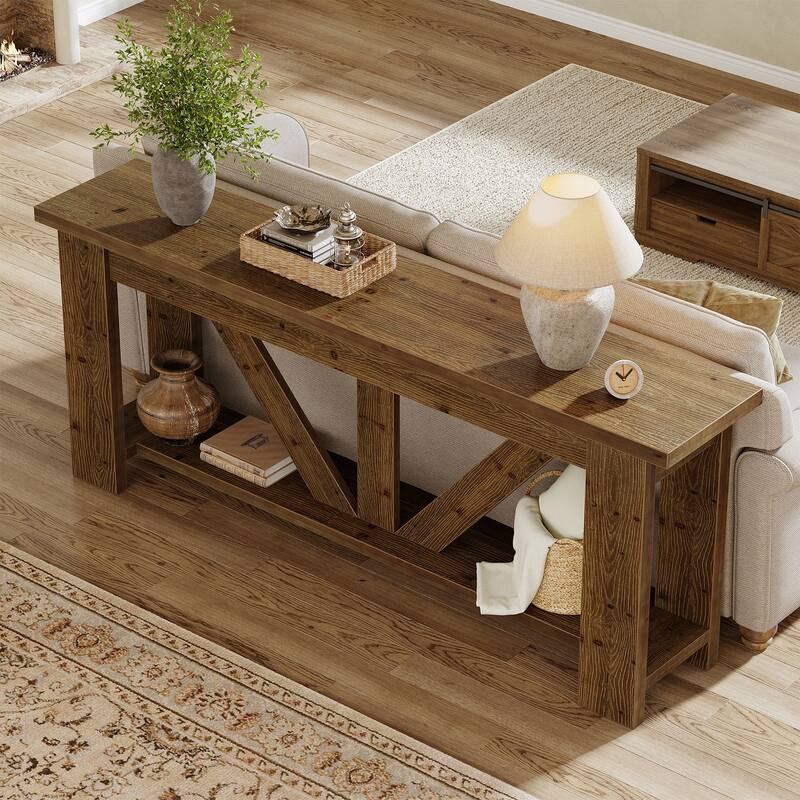 70.9-Inch Solid Wood Console Table, 2-Tier Sofa Table Behind Couch