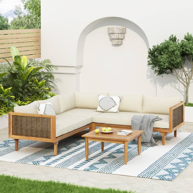 Roomfitters 4 Pcs Outdoor Sectional Sofa Set with Acacia Frame and Cushions, Patio Lounge Set with Table - Beige
