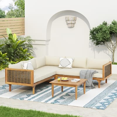 Roomfitters 4 Pcs Outdoor Sectional Sofa Set with Acacia Frame and Cushions, Patio Lounge Set with Table