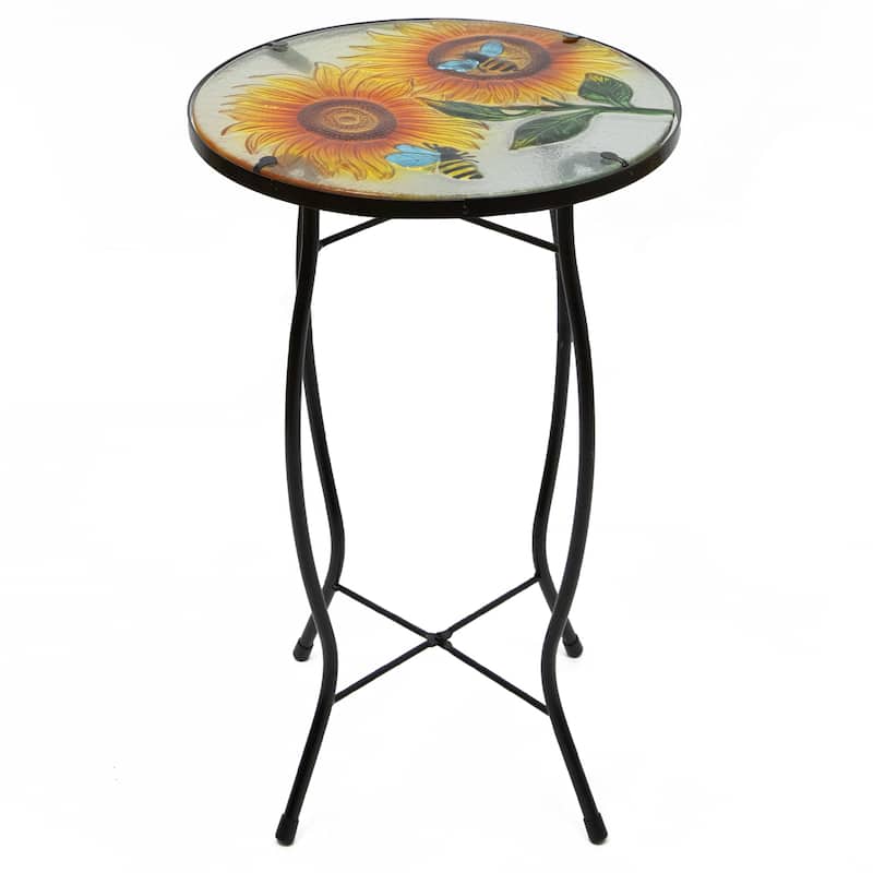 19" Sunflower and Bumblebee Glass Patio Side Table