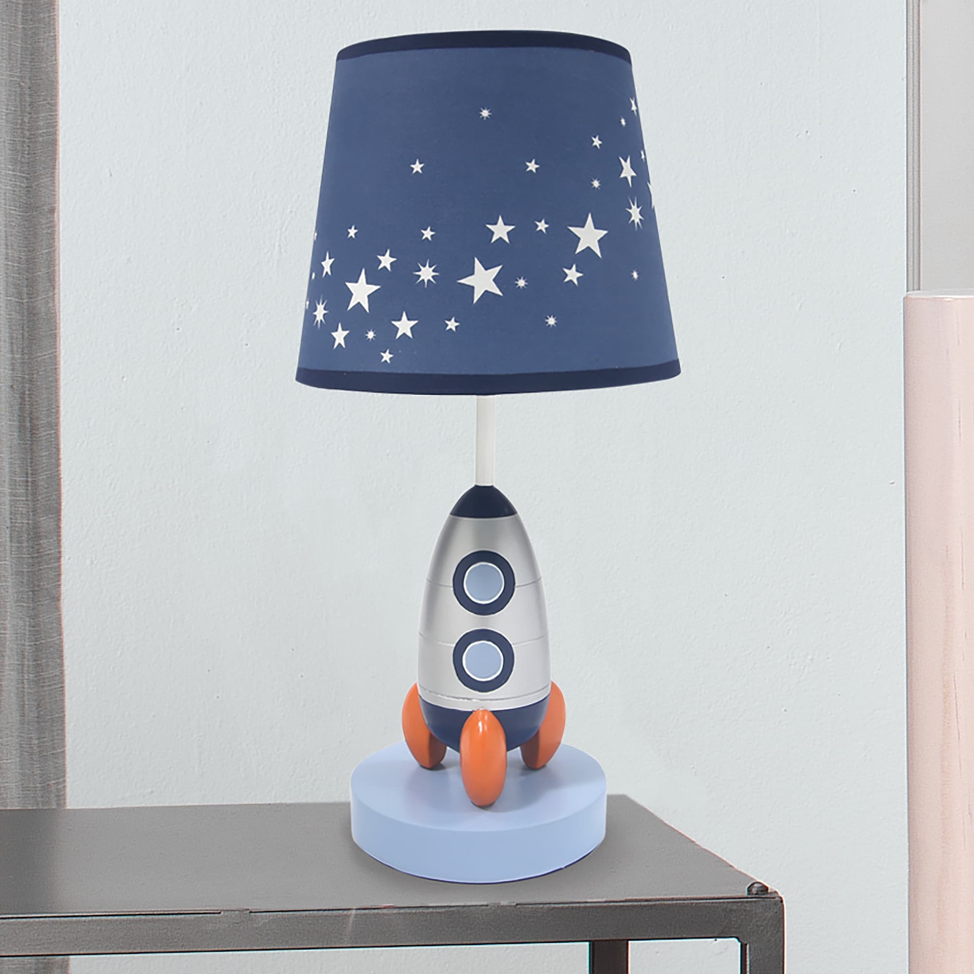 Lambs & Ivy Milky Way Blue/Silver Rocket Ship Nursery Lamp with