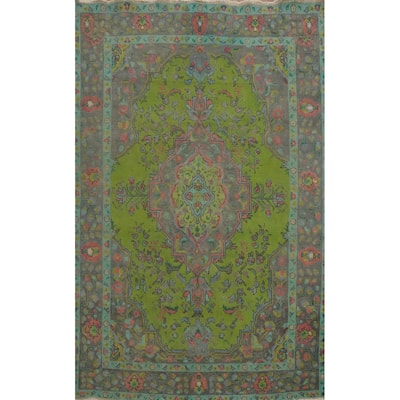 Hand Knotted Oriental 100% Wool Carpet Traditional Floral Green Tabriz Area Rug - 9' 8'' X 6' 5''