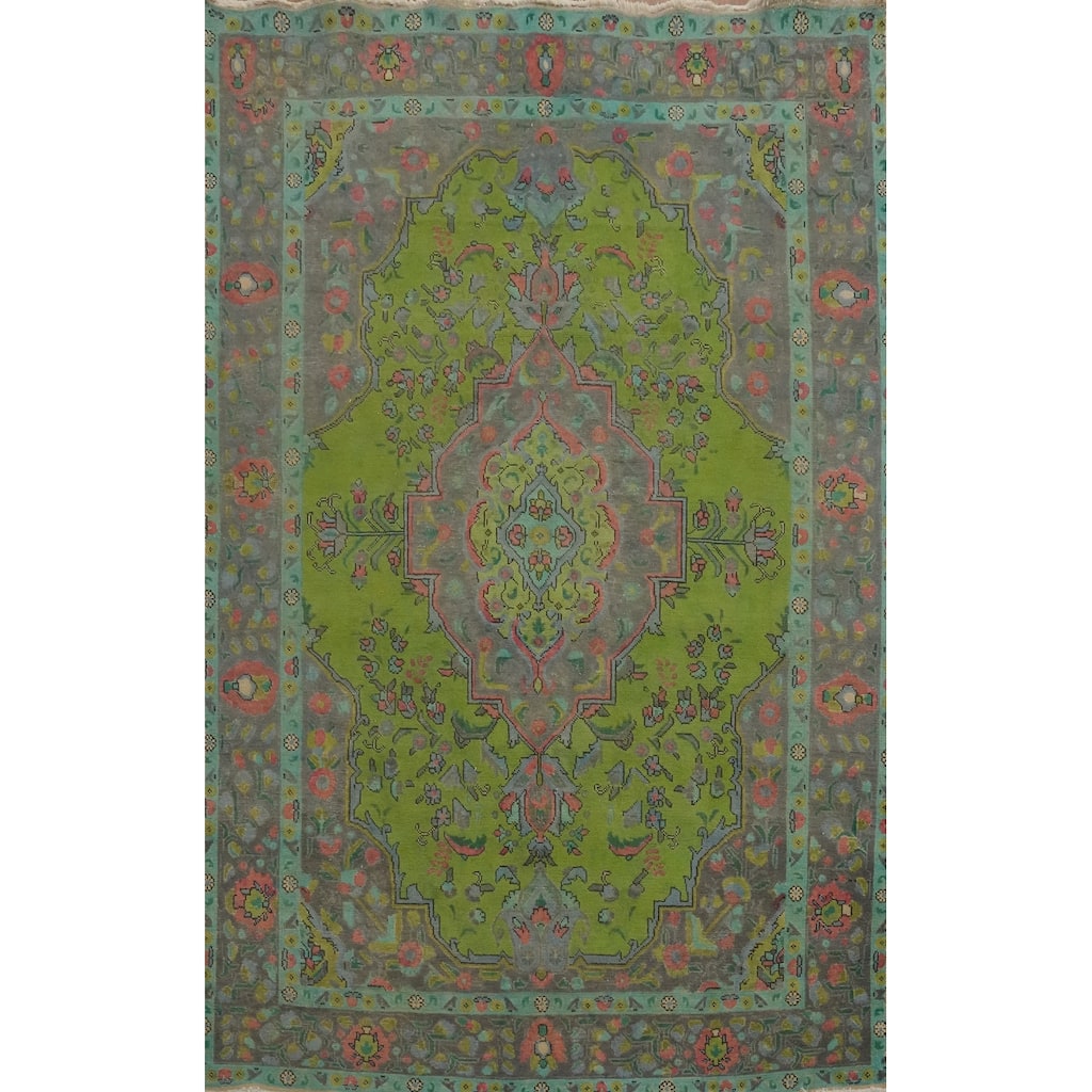 Hand Knotted Oriental 100% Wool Carpet Traditional Floral Green Tabriz Area Rug - 9' 8'' X 6' 5''