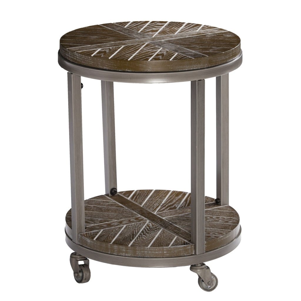 24" Brown Round End Table with Shelf and Wheels Metal Legs and Storage for Living Room or Bedroom - 23.75" H x 18" W x 18" L