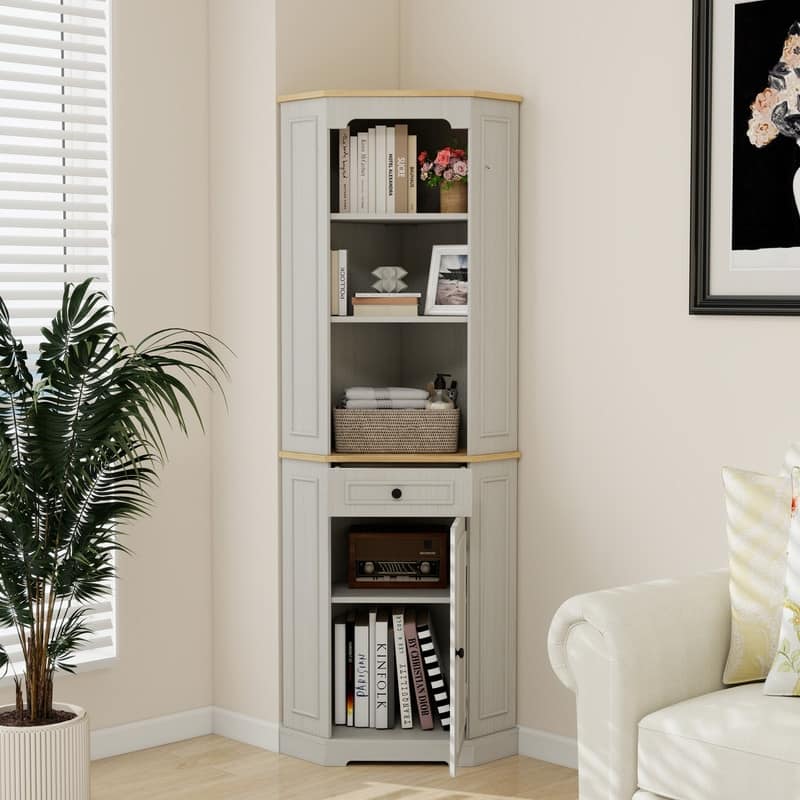 68" Farmhouse Corner Cabinet with Drawer, Freestanding Antique White Storage for Living Room, Kitchen