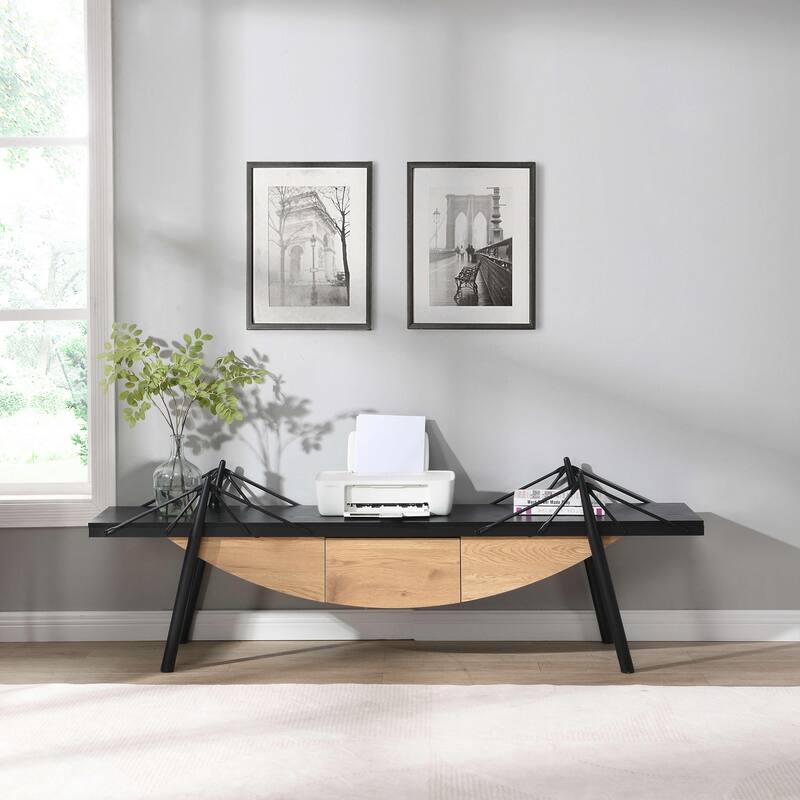 Modern TV Stand with Sailboat-Inspired, Wood Entertainment Console Table Storage Table with Drawer and Metal Frame