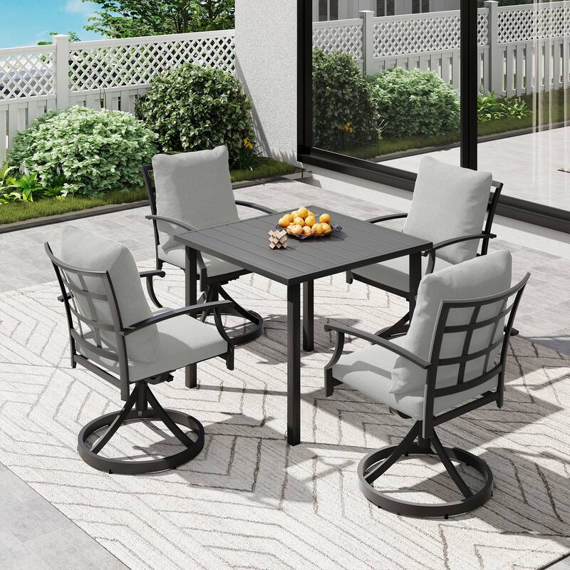 IvyGlow 5-Piece Black Metal Patio Dining Set with Square Table, 4 Swivel Dining Chairs and Gray Cushions