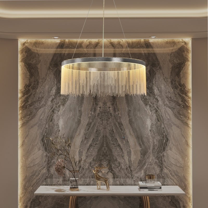 Aluminum Tassel Linear Chandelier Round Ceiling Pendant Lighting Fixture Over Dining Table, Kitchen Islands, Entryways