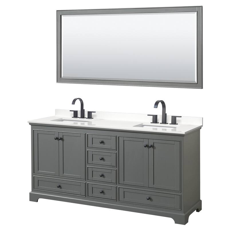 Deborah 72-inch Double Vanity, Quartz Top, 70-inch Mirror - Dark Gray, Black Trim, White Quartz Top
