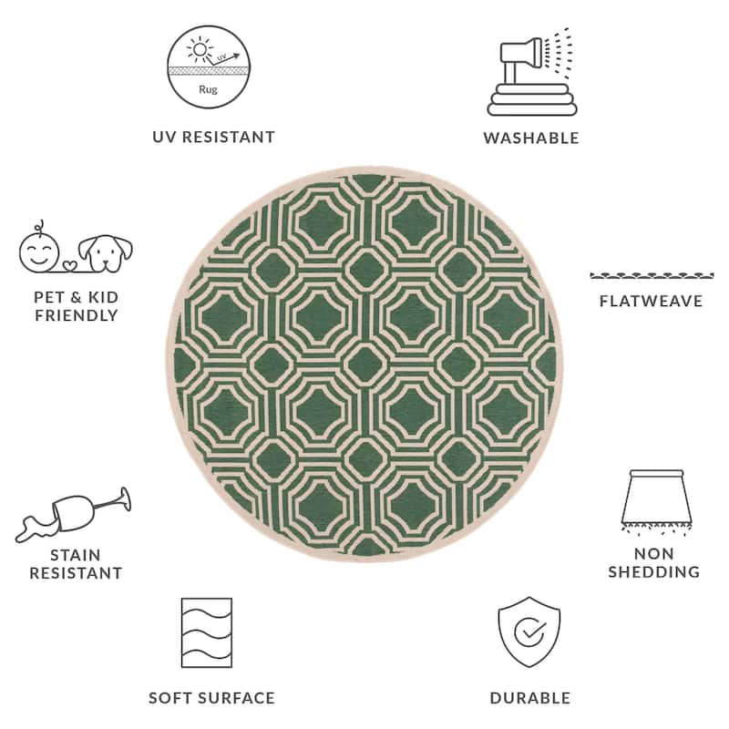 SAFAVIEH, Courtyard Barbl Indoor/ Outdoor Waterproof Patio Backyard Rug - 5'3" Round - Dark Green/Beige