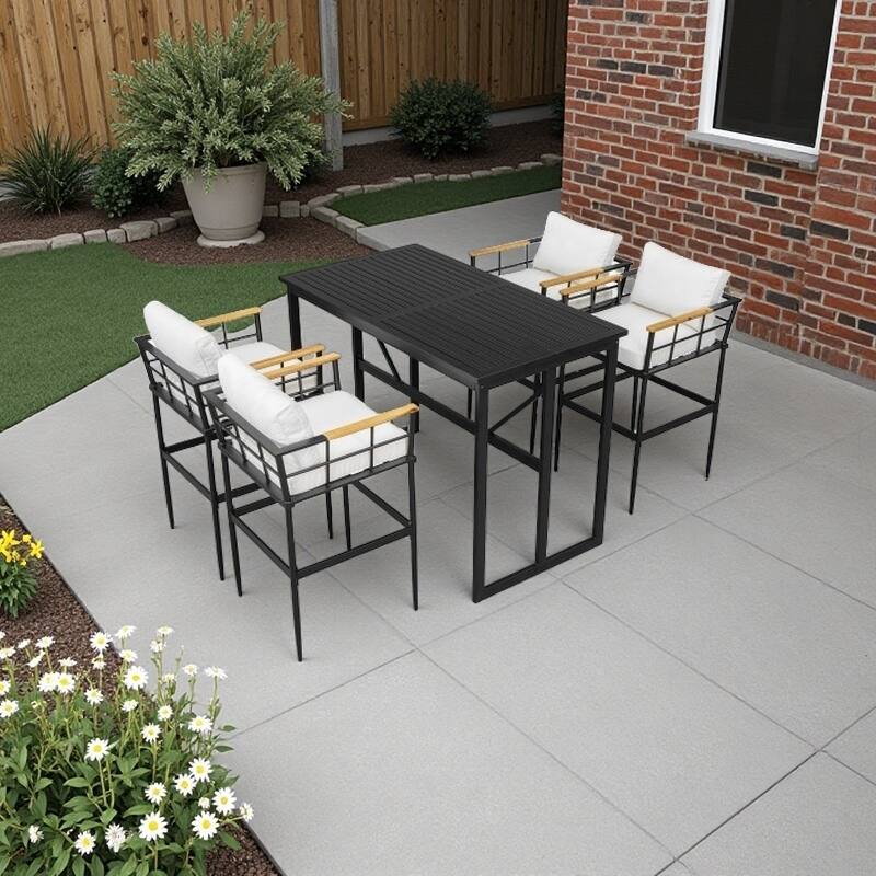 5-Piece Outdoor Dining Set with Iron Frame and Acacia Wood Armrests, Cushioned Chairs for Comfortable Patio and Backyard Seating - Beige