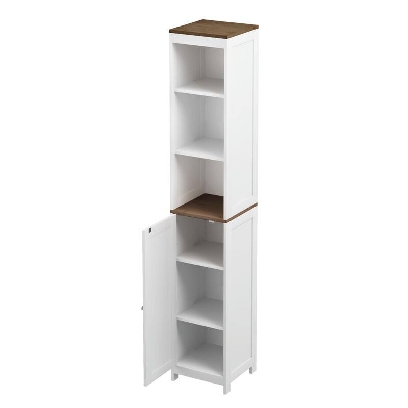 Tall Bathroom Storage Cabinet with Reversible Door, Freestanding Narrow Linen Tower with Open Shelves and Enclosed Cabinet