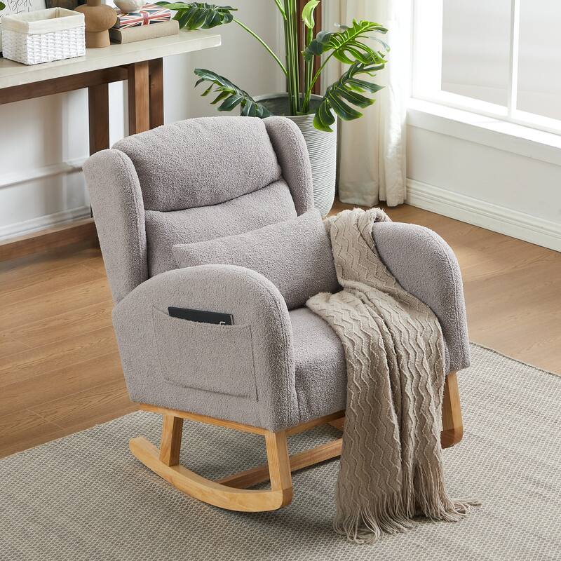 20" Seat Wide Fabric Rocking Chair with High Backrest and Two Side Pockets - Grey
