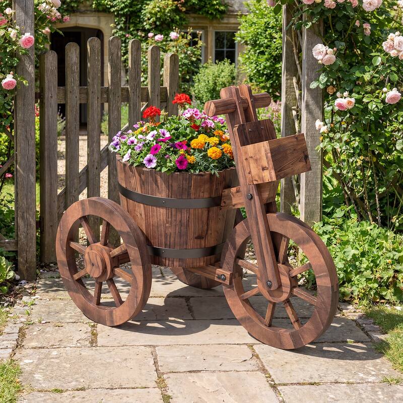 Gymax Rustic Wood Tricycle Planter w/Barrel Pot & Storage Box for
