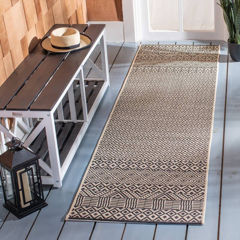 SAFAVIEH Courtyard Velia Indoor/ Outdoor Waterproof Patio Backyard Rug - 2'3" x 6'7" Runner - Beige/Black
