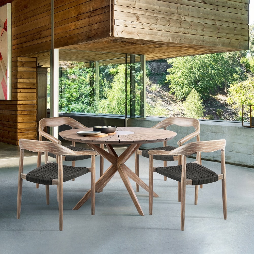Mid-Century Solid Eucalyptus Wood and Rope Outdoor Patio 5 Piece Round Dining Set