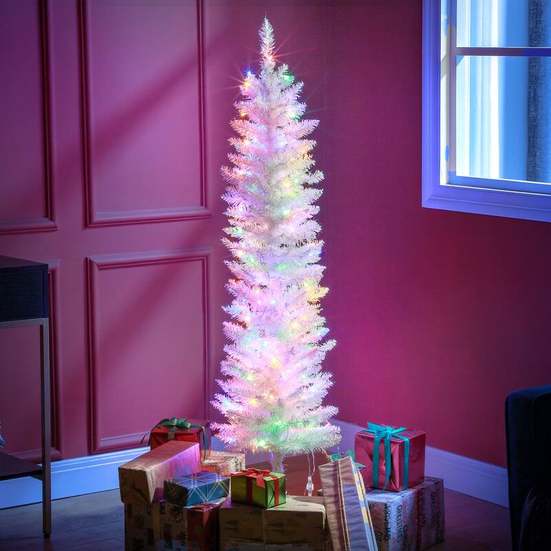 HOMCOM Pre-Lit Pencil Christmas Tree - Colorful LED Lights, White Branches