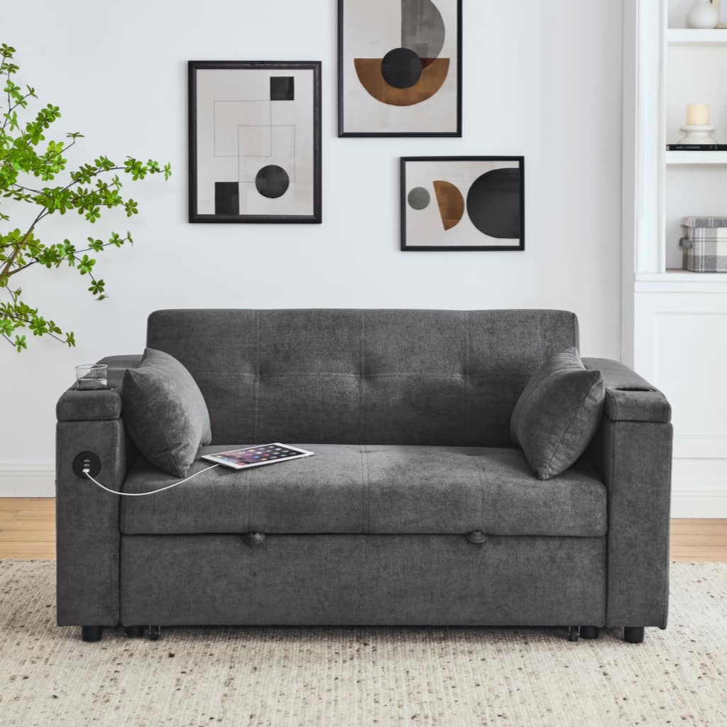 54" Pull-Out Sleeper Sofa Bed Double Seat Recliner Sofa Bed with Armrests with Storage and Side Pockets,with USB Power Outlet