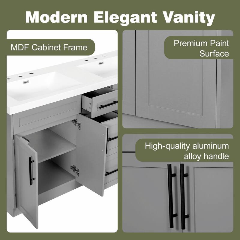 59.3" Double Sink Bathroom Vanity with SMC Top, MDF Cabinet with Solid Wood Frame & Soft-Close Doors