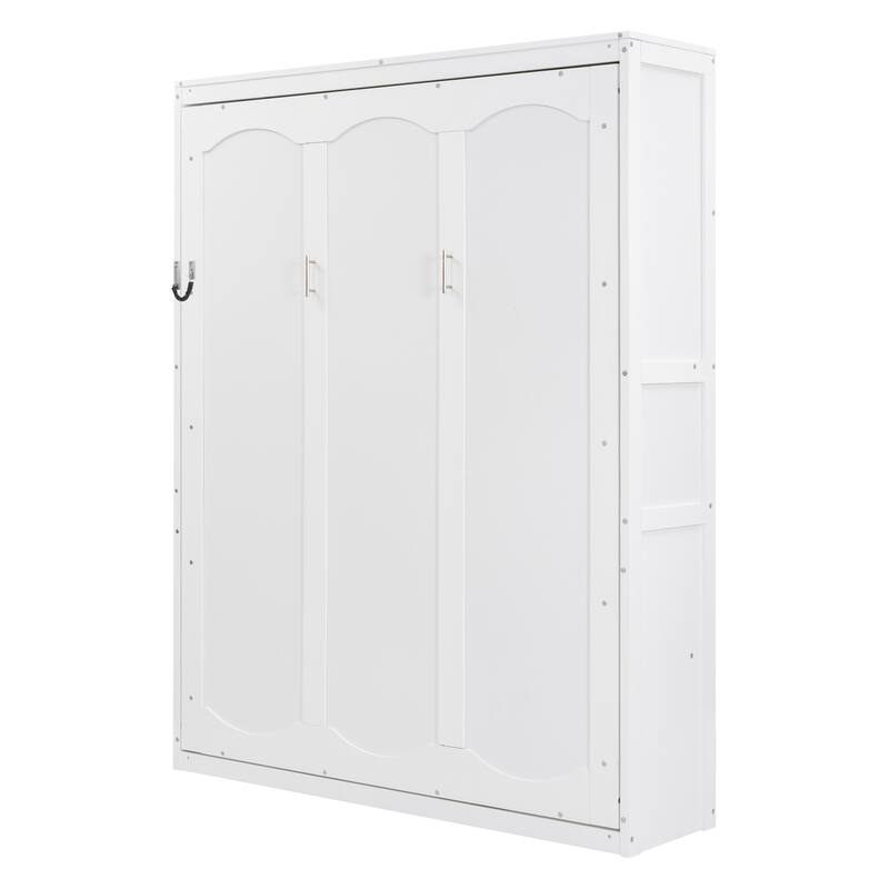 White Queen Size Murphy Wall Bed with Shelves and Mattress Holder, Space-Saving Cabinet Design