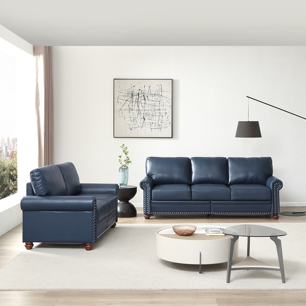 Roomfitters Living Room Sofa Loveseat with Round Arms, Tufted Couch with Silver Nail Trim , Faux Leather, Navy Blue